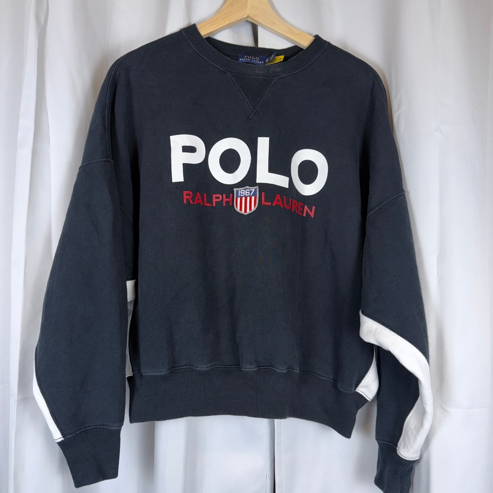 Polo Ralph Lauren Womens Navy Blue Graphic Logo Sweatshirt XS 1967 Crest
